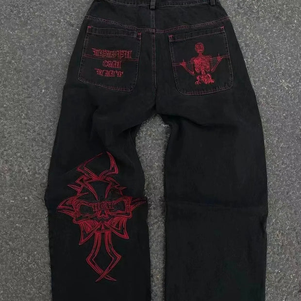 Y2K  Jeans New Harajuku Hip Hop Retro Skull Graphic Embroidered Baggy Jeans Denim Pants Men Women Goth High Waist Wide Trousers