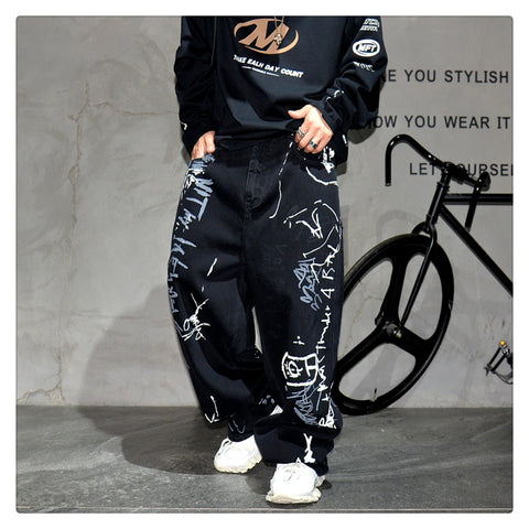 American Hip Hop Baggy Jeans Mens Clothing Streetwear Paint Graffiti Black Skateboard Street Dance Pants Kpop Denim Trousers