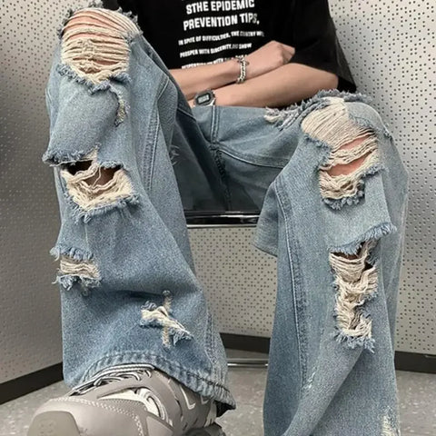 Vintage Distressed Straight-leg Jeans American Style Slimming Bell Bottoms Loose Fit High-waisted Summer Thin Version For Men