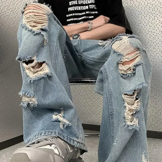 Vintage Distressed Straight-leg Jeans American Style Slimming Bell Bottoms Loose Fit High-waisted Summer Thin Version For Men
