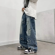 Jeans for Men Patchwork Letter Hip Hop Straight Wide Leg Fashion High Street Y2k Harajuku Do-old Popular Shopper Gradient Baggy