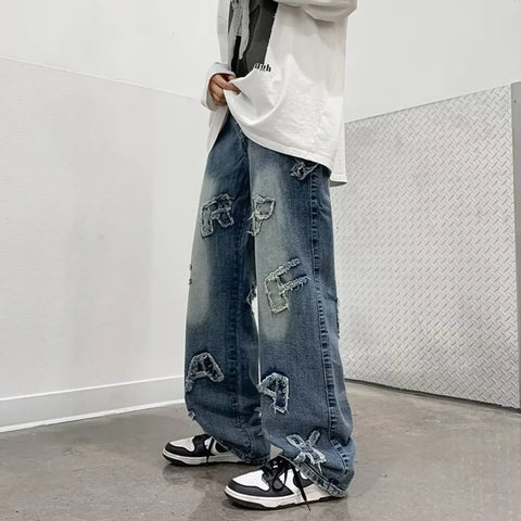 Jeans for Men Patchwork Letter Hip Hop Straight Wide Leg Fashion High Street Y2k Harajuku Do-old Popular Shopper Gradient Baggy