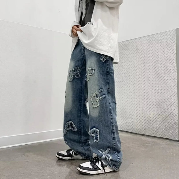 Jeans for Men Patchwork Letter Hip Hop Straight Wide Leg Fashion High Street Y2k Harajuku Do-old Popular Shopper Gradient Baggy