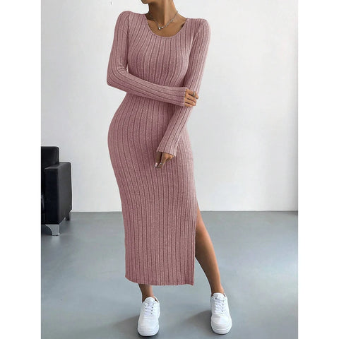 Mia Muse Women's Dresses Fall Winter Knitted Stripe Split U Neck Elastic Basic Bodycon Full Length Casual Maxi Long Dresses