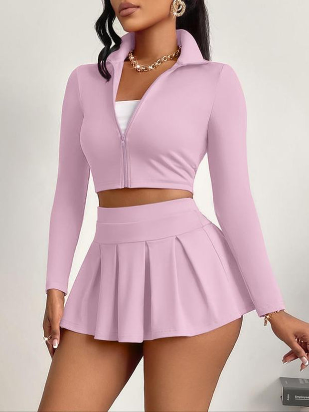 Women's Solid Zip-Up Crop Jacket & High-Waist Skirt Set