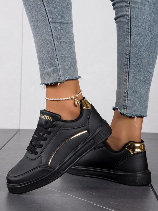 Women's Fashionable PU Leather Lace-Up Sneakers