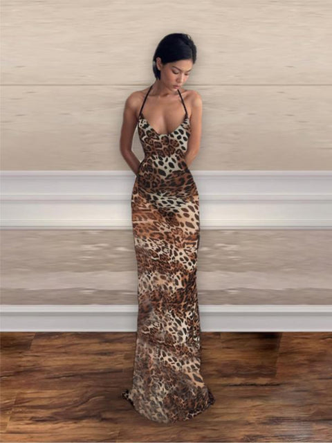 Women's Leopard Print Backless Halter Mermaid Dress