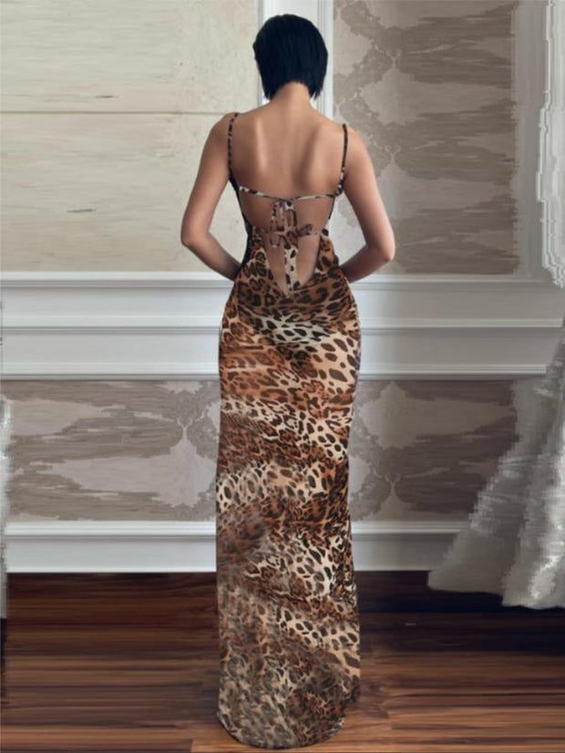 Women's Leopard Print Backless Halter Mermaid Dress