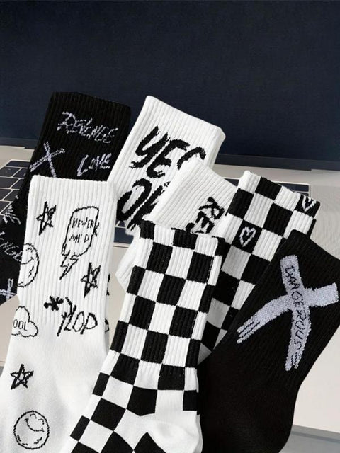 Chic Check & Letter Crew Socks