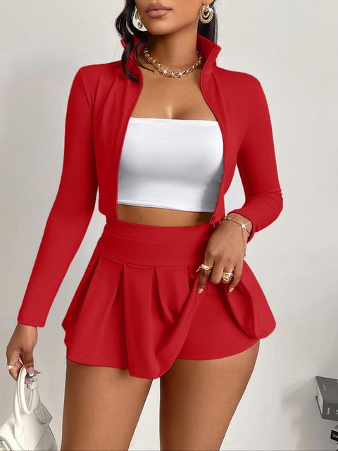 Women's Solid Zip-Up Crop Jacket & High-Waist Skirt Set