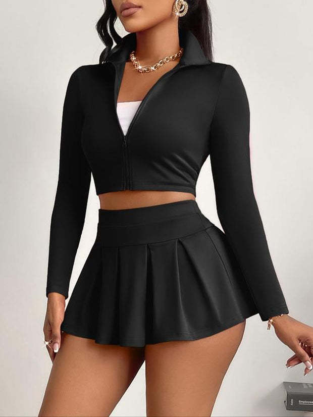 Women's Solid Zip-Up Crop Jacket & High-Waist Skirt Set