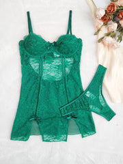 Women'S Floral Contrast Lace Sheer Sexy Lingerie Two-Piece Set, Adjustable Strap Bow Decor Dress & Thong Set