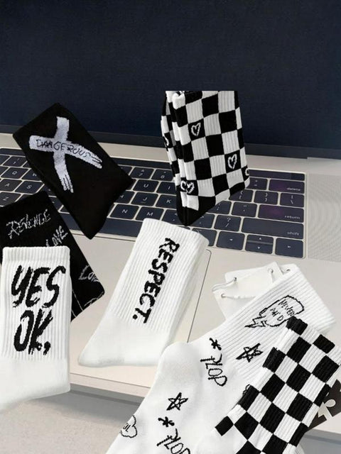 Chic Check & Letter Crew Socks